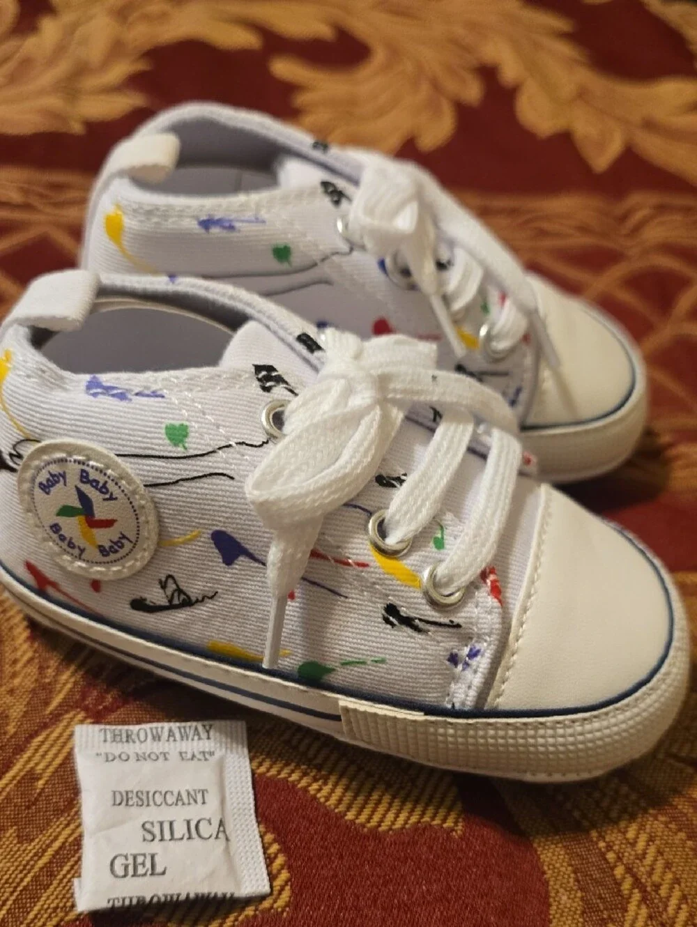 Baby White Canvas Sneakers with Multicolor Accents (Size 19]